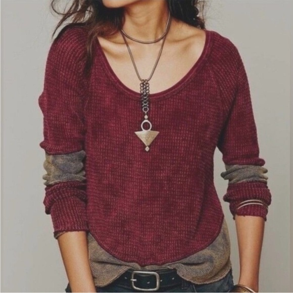 Free People Diamond Dozen Acid Wash Colorblock Thermal Top - Picture 1 of 15